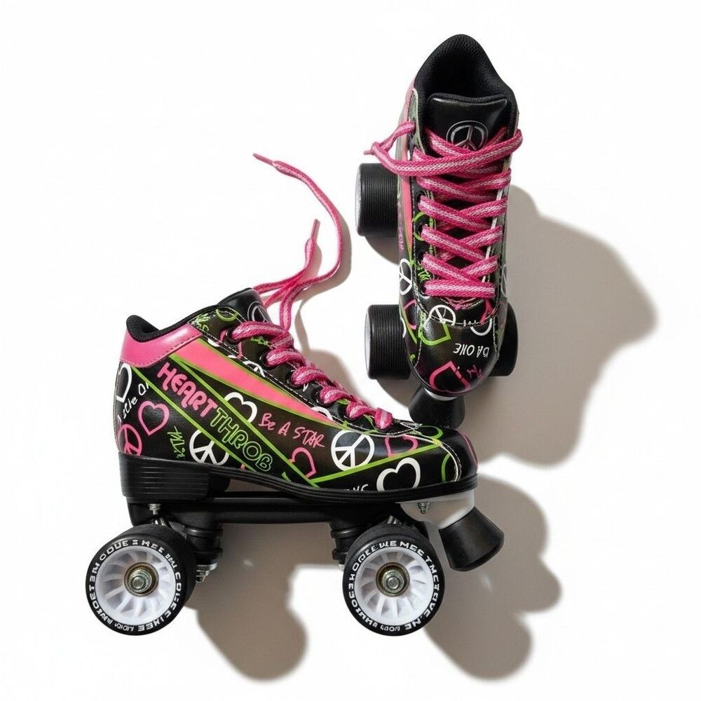Pacer Heart Throb Girls Roller Skates Size 5 Pink Black Peace Signs